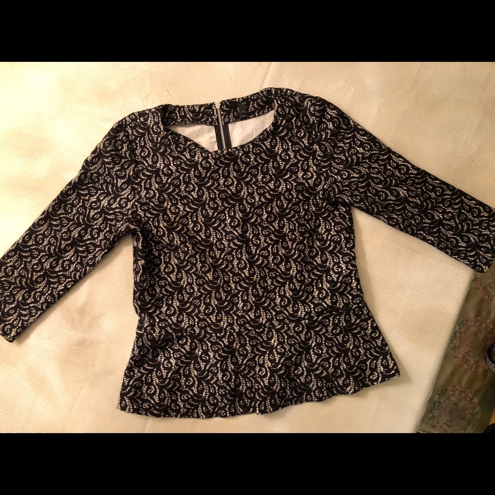 J Crew Black and White Peplum Lace Blouse